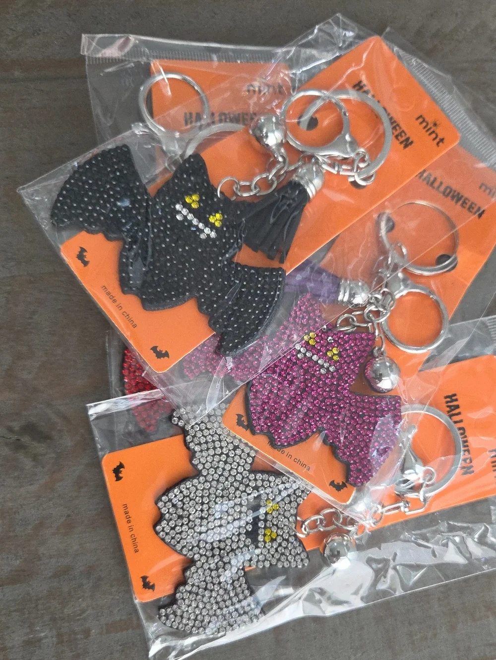 Halloween Rhinestone Bat Keychain - Black, Purple, Silver, Red